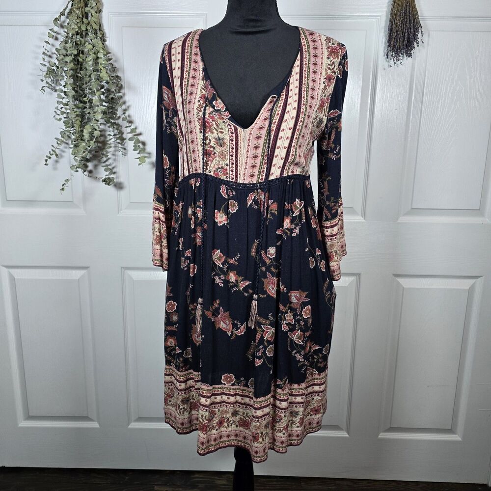 Knox Rose Peasant Midi Shift Boho Babydoll Dress Floral Large